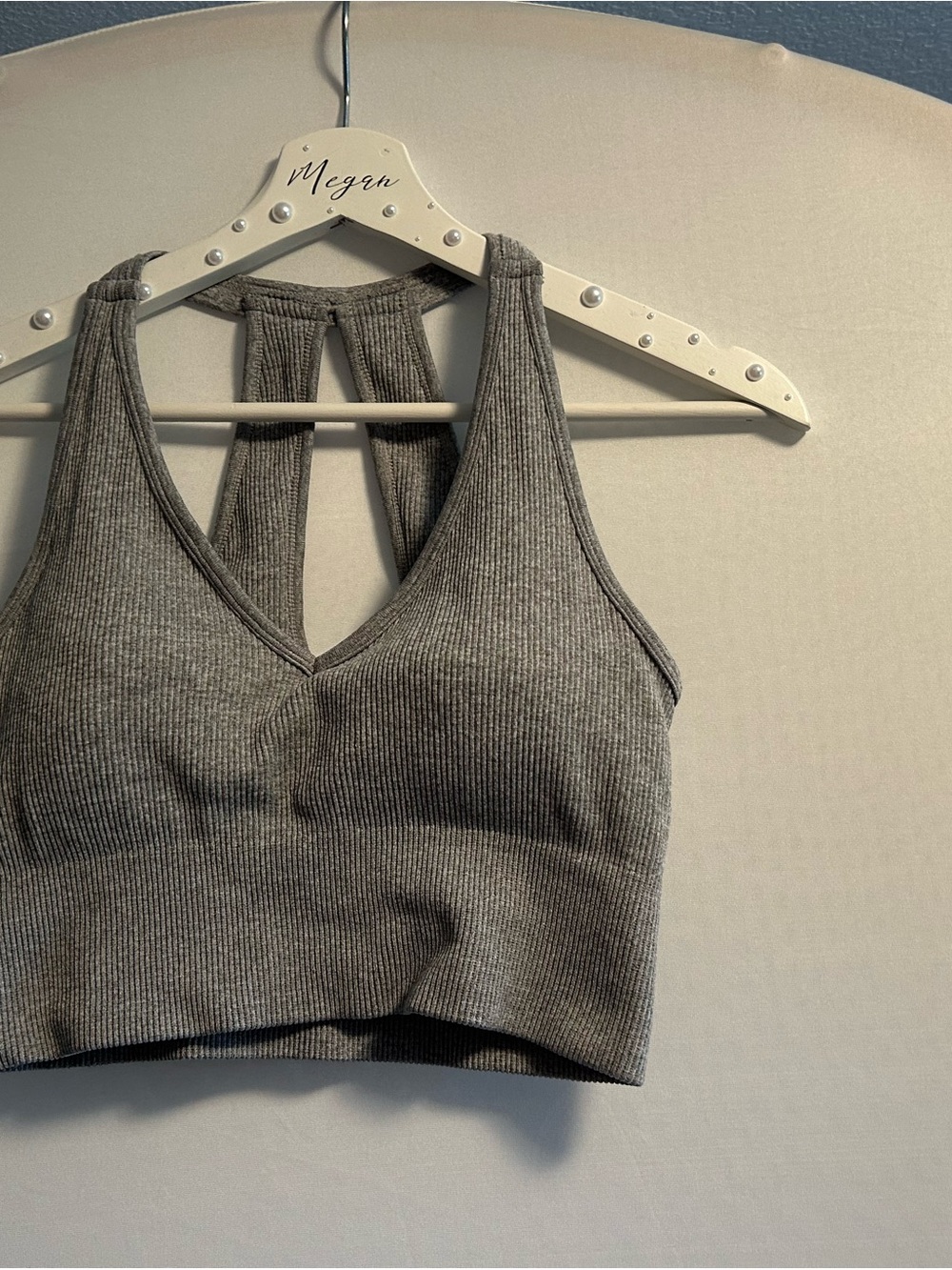 Ribbed Gray V-Neck Racerback Cropped Camisole Top